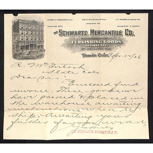 Denver, CO Schwartz Mercantile Furnishing 1906 Notions Letterhead Scarce