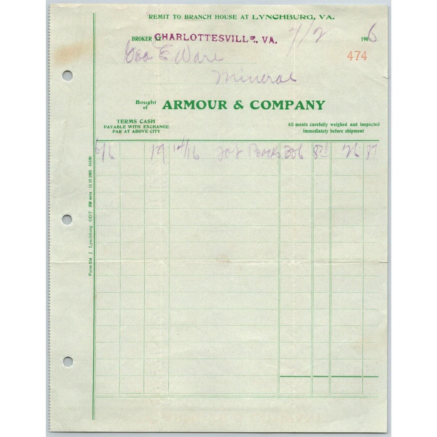 1906 Scarce Charlottesville, VA Letterhead Armour & Company (Meat Packing)