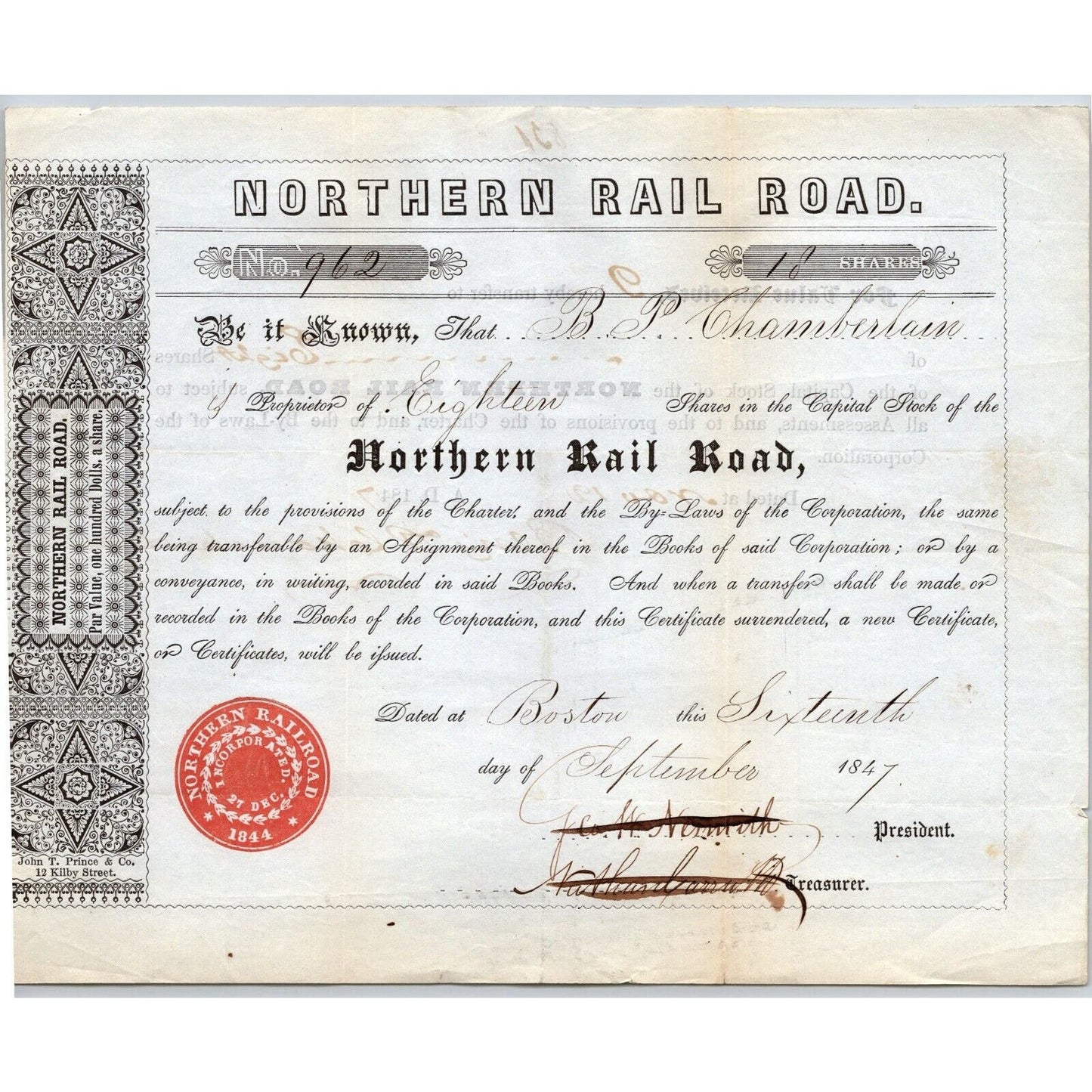 1847 Boston, MA Northern Railroad Stock Certificate No. 962 for 18 Shares