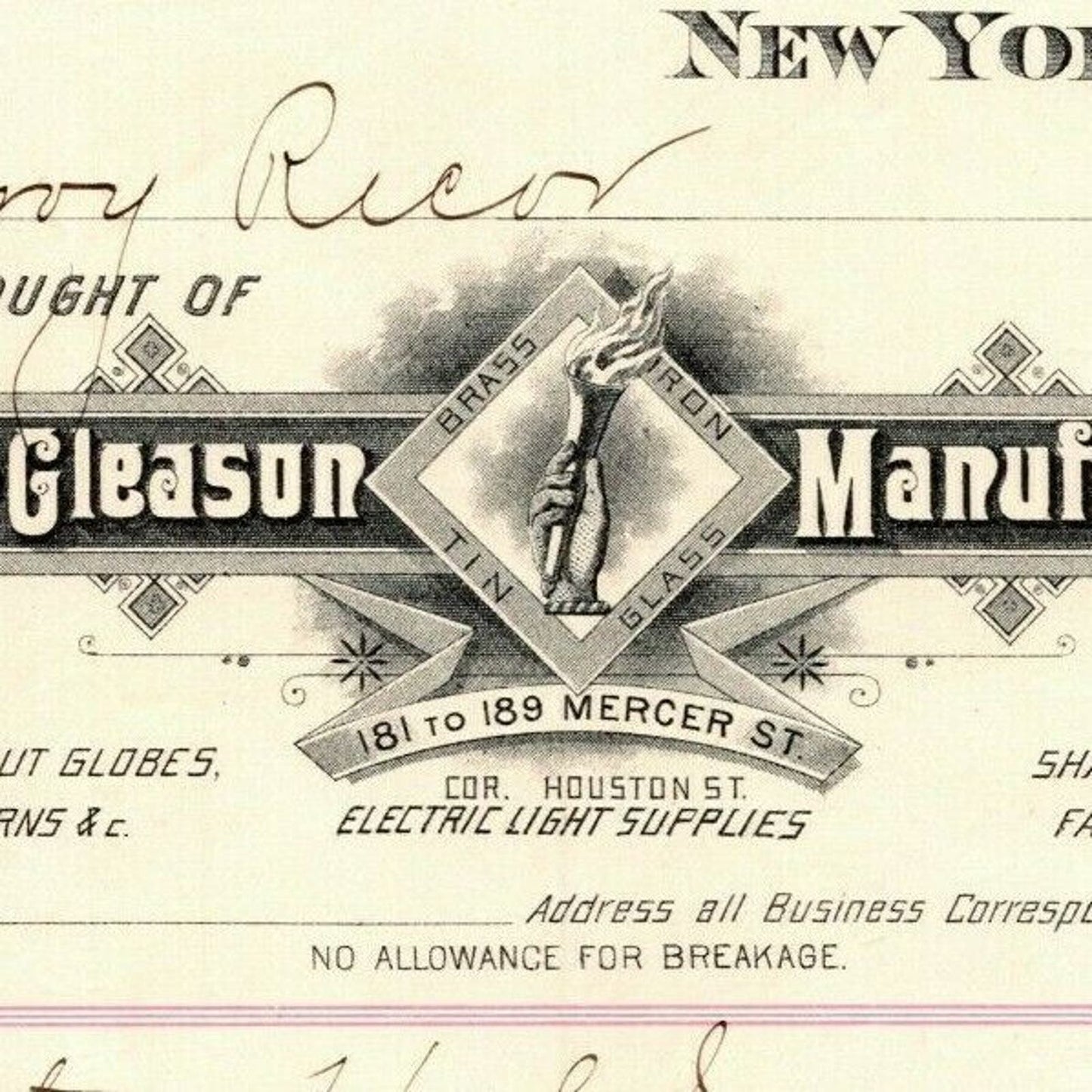 Dec 1889 "E. P. Gleason" Cut Glass Globes Billhead Letterhead Mercer St NYC