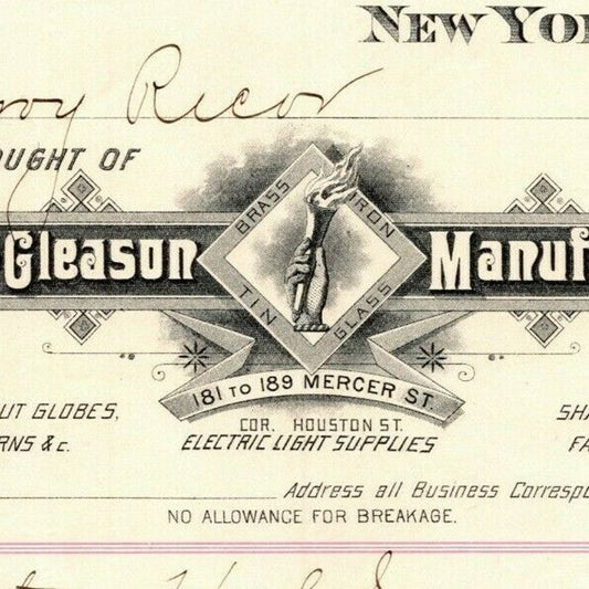 Dec 1889 "E. P. Gleason" Cut Glass Globes Billhead Letterhead Mercer St NYC