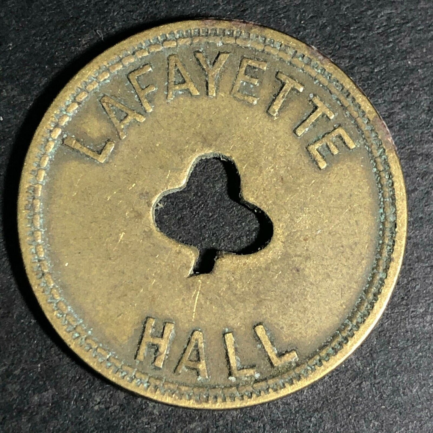 24.5mm Brass Lafayette Hall (Saloon Sacramento, CA) Token Clover Shamrock (#52)
