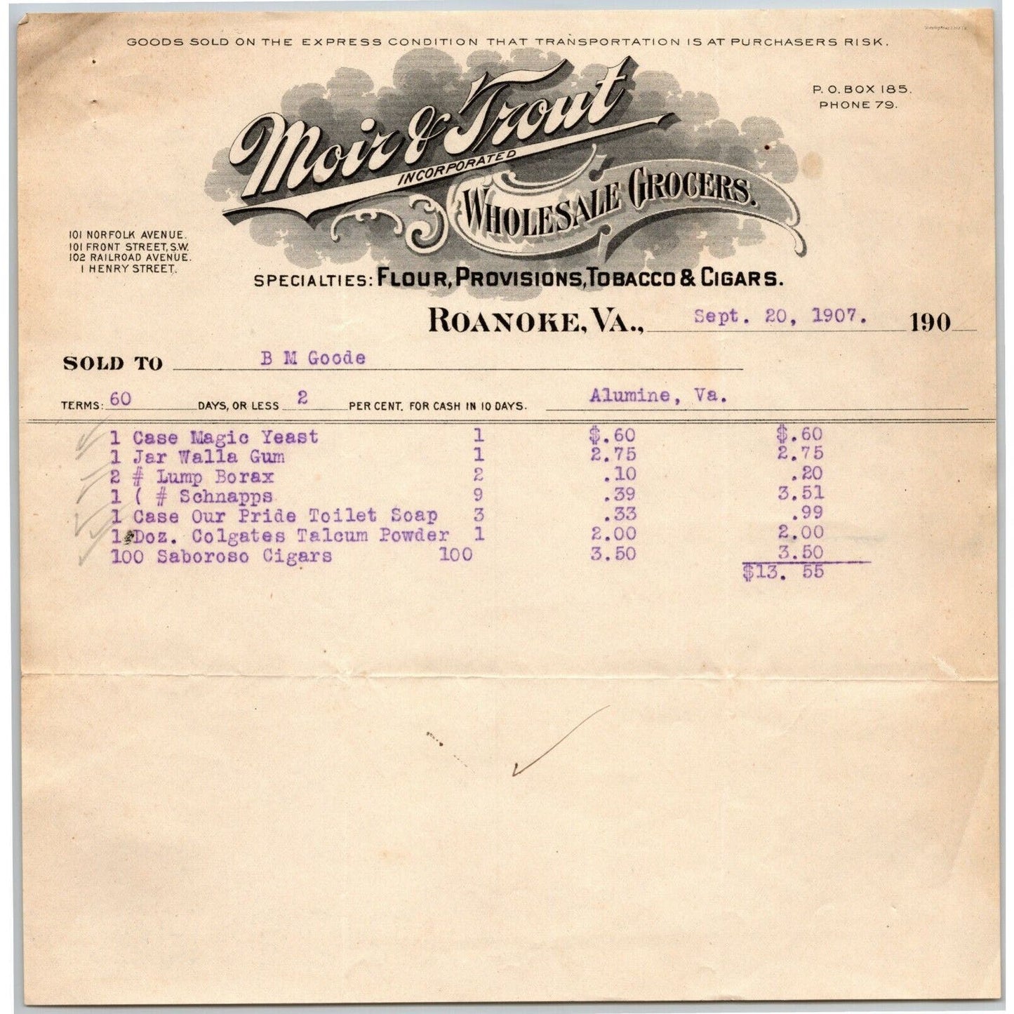 1907 Scarce Roanoke, VA Letterhead Moir & Trout Flour Tobacco Provisions Cigars