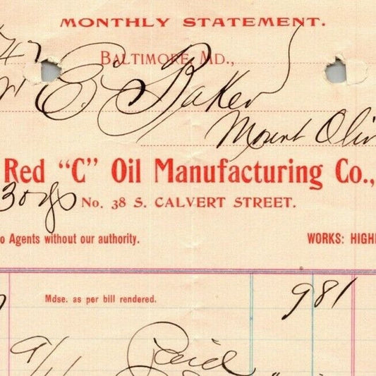 1898 Letterhead Statement Red "C" Oil Mfg. Co. Baltimore - Ephraim Baker*