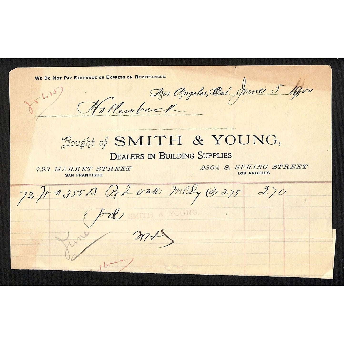 Los Angeles, CA Smith & Young Building Supplies / Hollenbeck 1900 Billhead