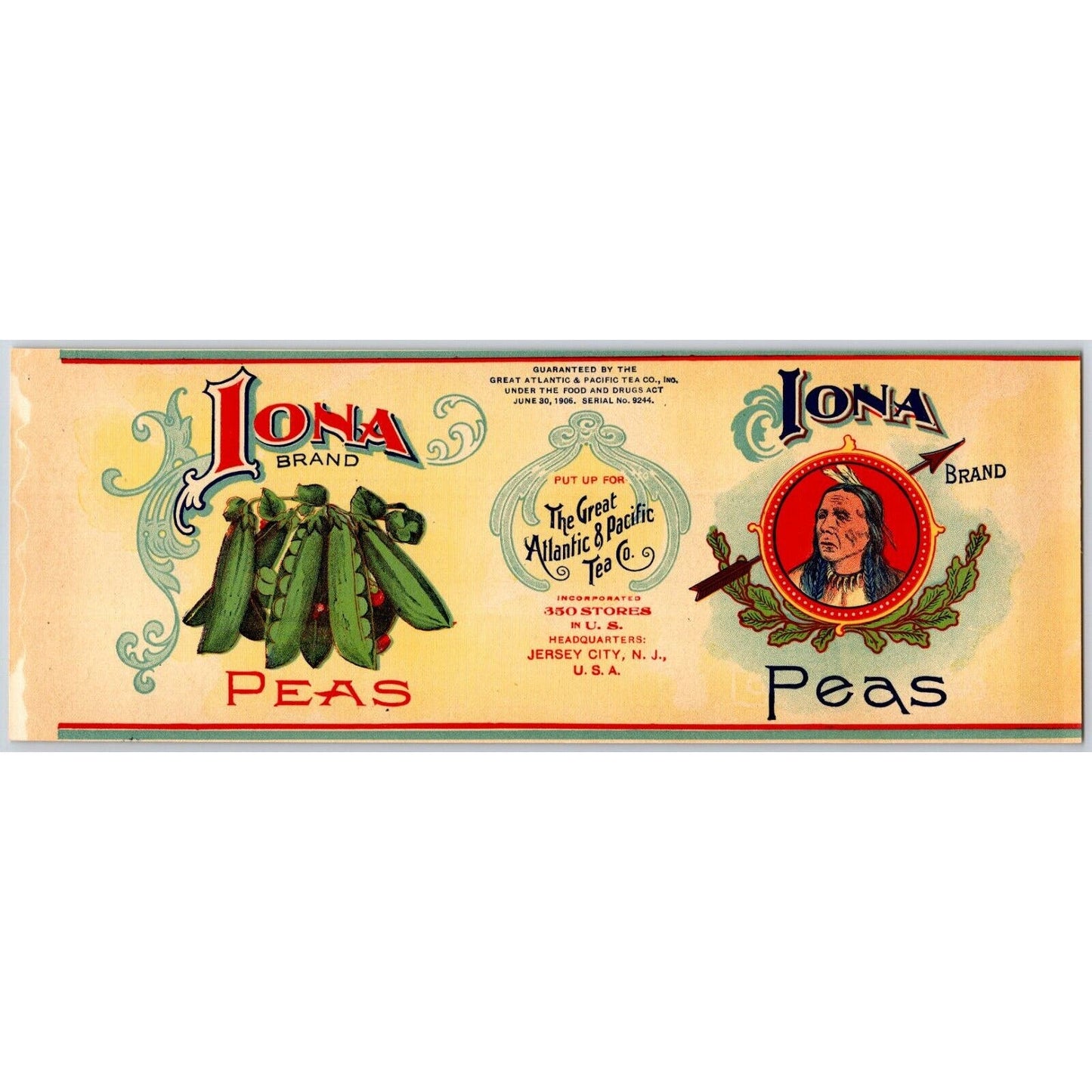 Iona Peas Paper Can Label A&P The Great Atlantic & Pacific Tea Co. VGC c1910's