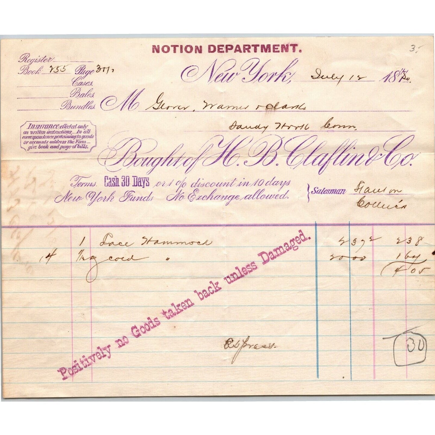 H.B. Claflin & Co. NY, NY to Glover, Warner & Clarke Sandy Hook Letterhead 1880