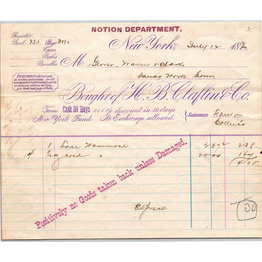 H.B. Claflin & Co. NY, NY to Glover, Warner & Clarke Sandy Hook Letterhead 1880