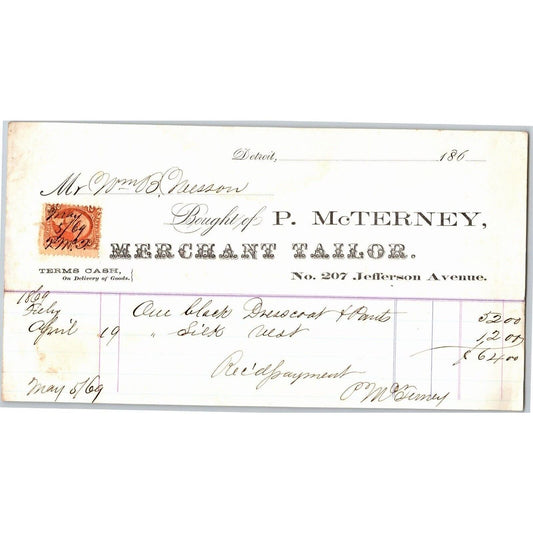 Detroit Letterhead P. McTerney "Merchant Tailor" 1869 w/ Rev Stamp
