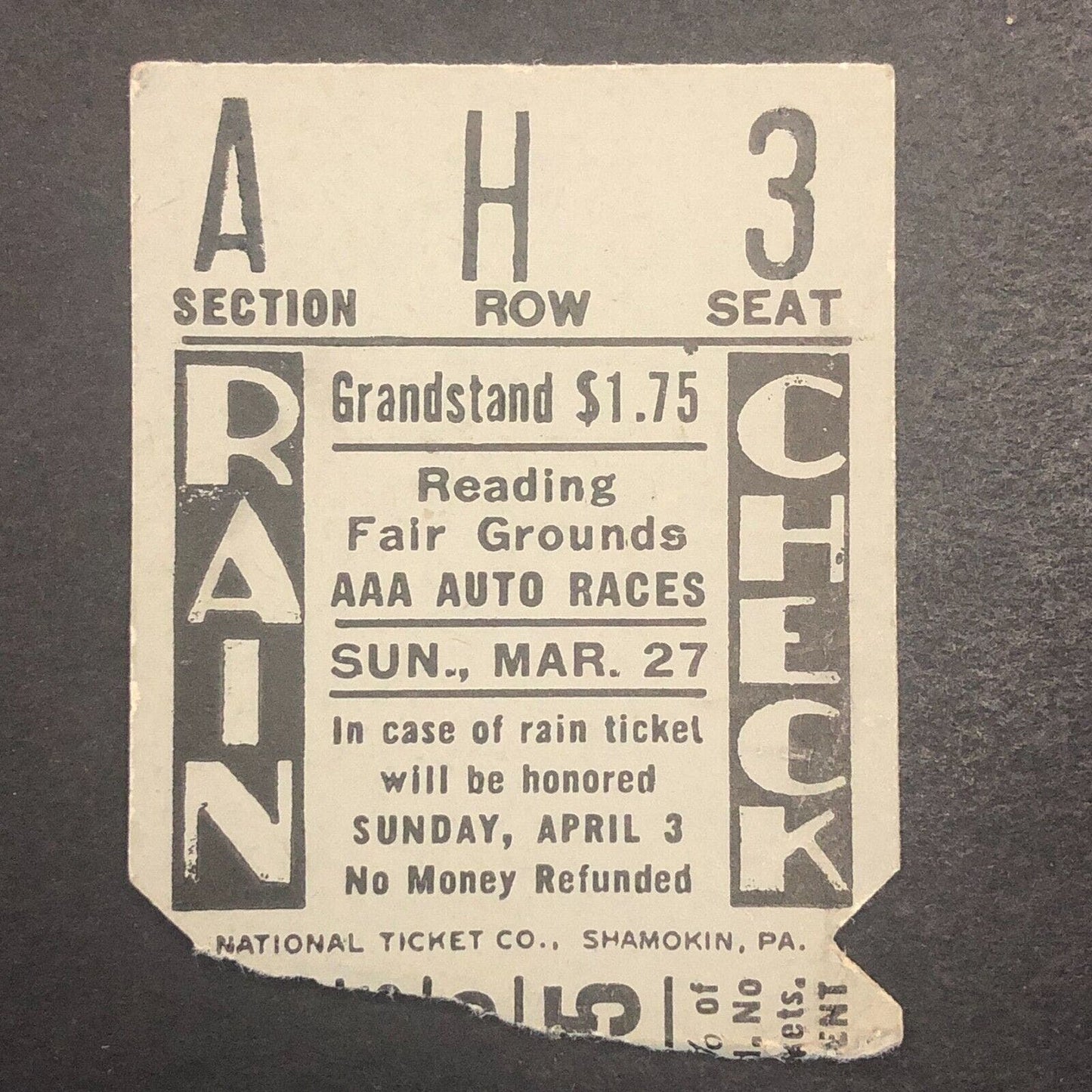 Reading Fair Speedway 3/27 1955 Auto Racing Rain Check Ticket Stub Hinnershitz