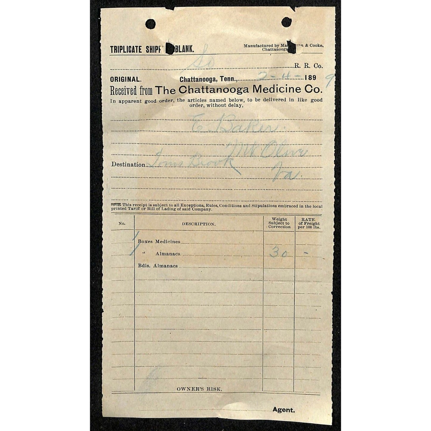 1899 Scarce Letterhead / Billhead Chattanooga Medicine Co. Tenn. - E. Baker*