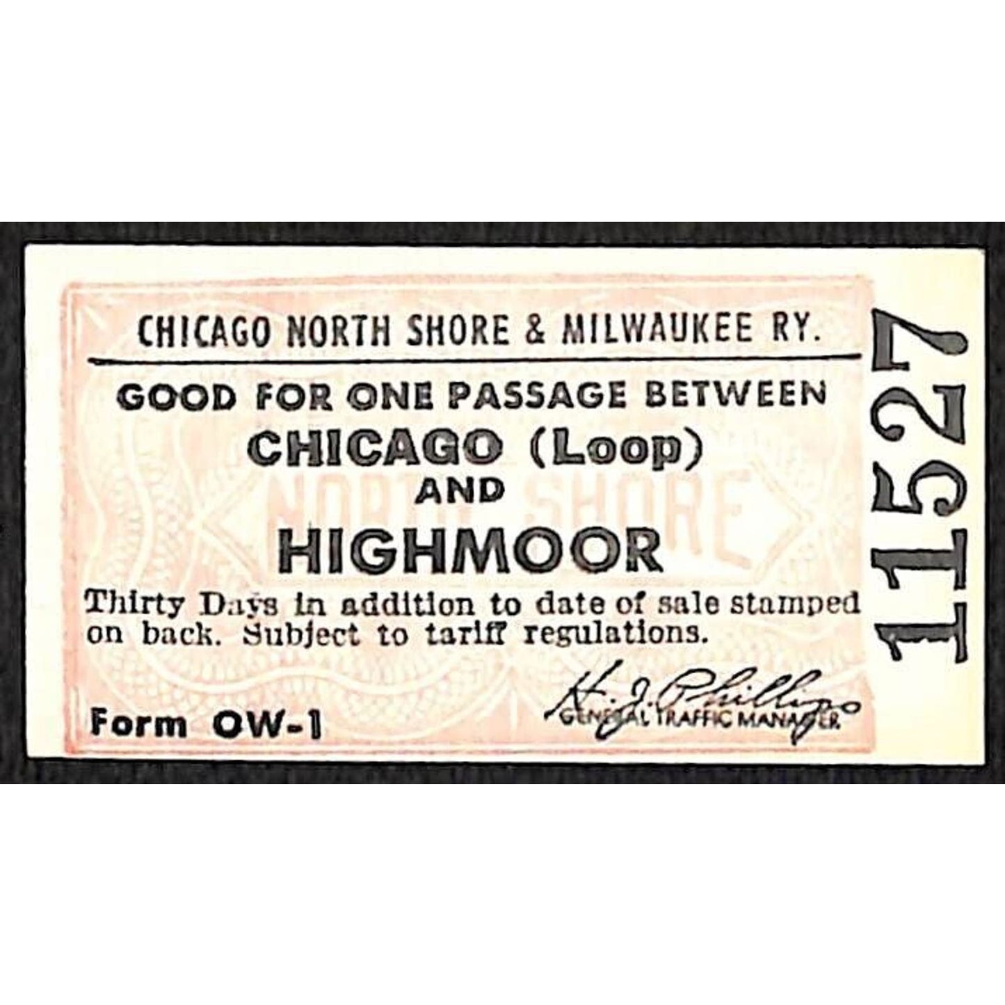 Chicago North Shore & Milwaukee RY c1947-50's Ticket Highmoor #11527