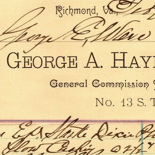 George A. Haynes General Merchant Richmond, VA Letterhead to Geo. E. Wear 1892