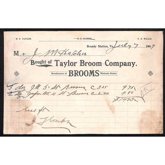 Brandy Station, VA Taylor Broom Company "Brooms" 1909 Billhead