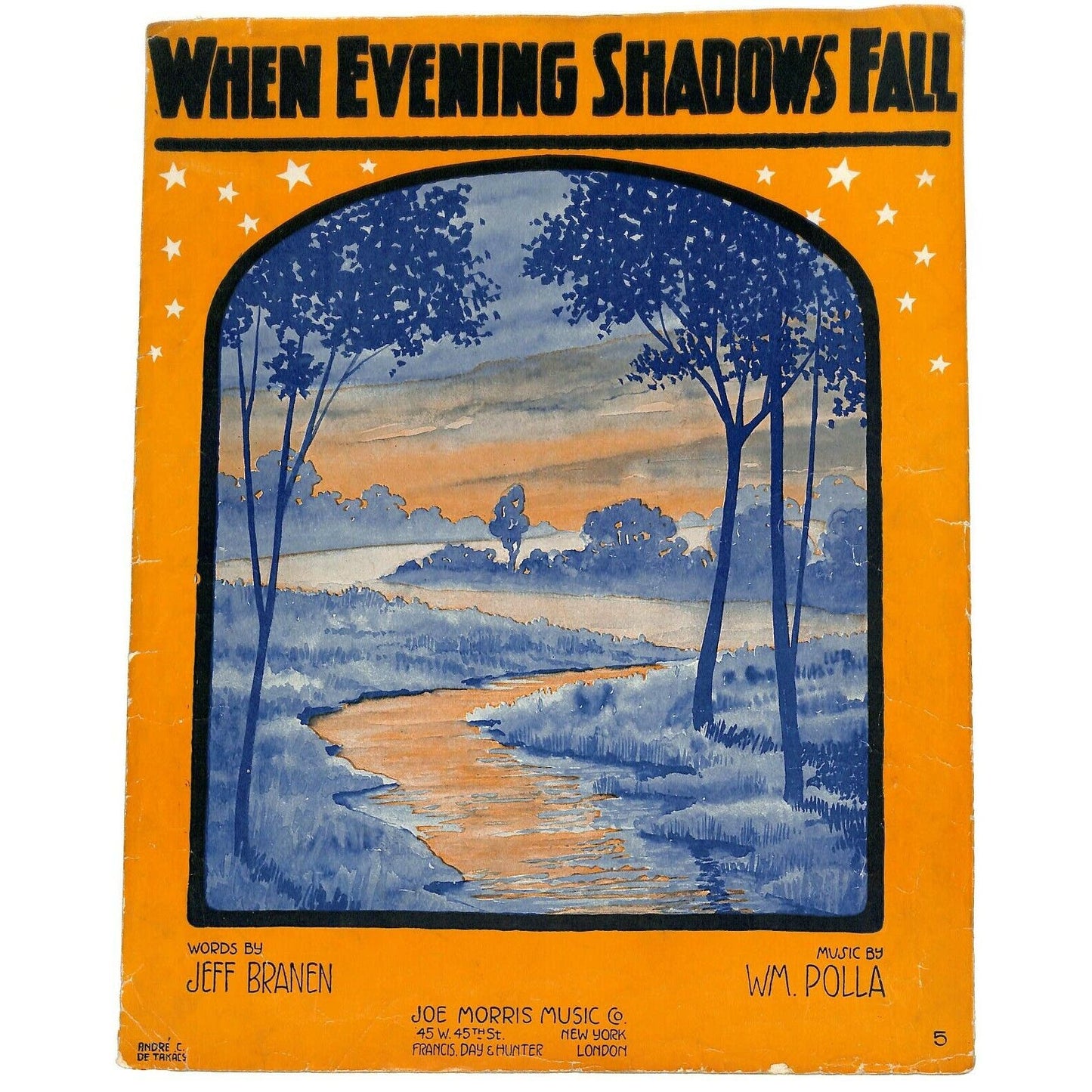 Vintage WWI Era 1916 Sheet Music "When Evening Shadows Fall" Polla / Branden