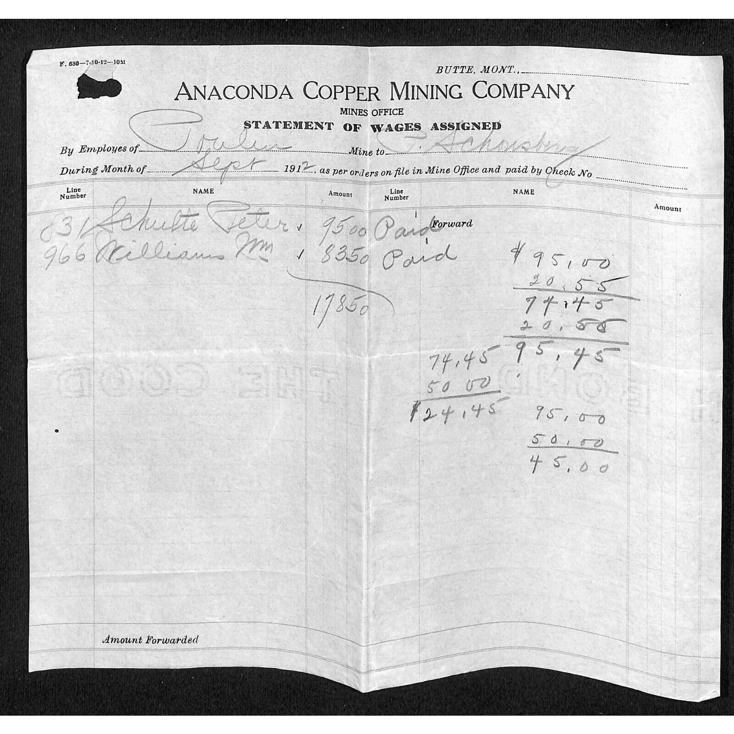 Butte, MT Anaconda Cooper Mining Company 1912 Mines Office Wages Billhead VGC