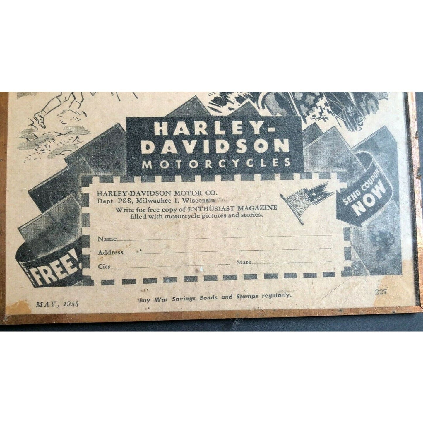 1944 Copper Foil Framed Harley Davidson Magazine Advertising 6" x 8 3/4"