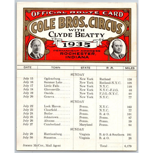 1935 Cole Bros with Clyde Beatty Circus Route Card Upstate NY PA VA
