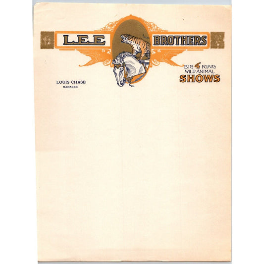 Lee Brothers Big 4 Ring Wild Animal Shows Circus Letterhead c1926 Scarce
