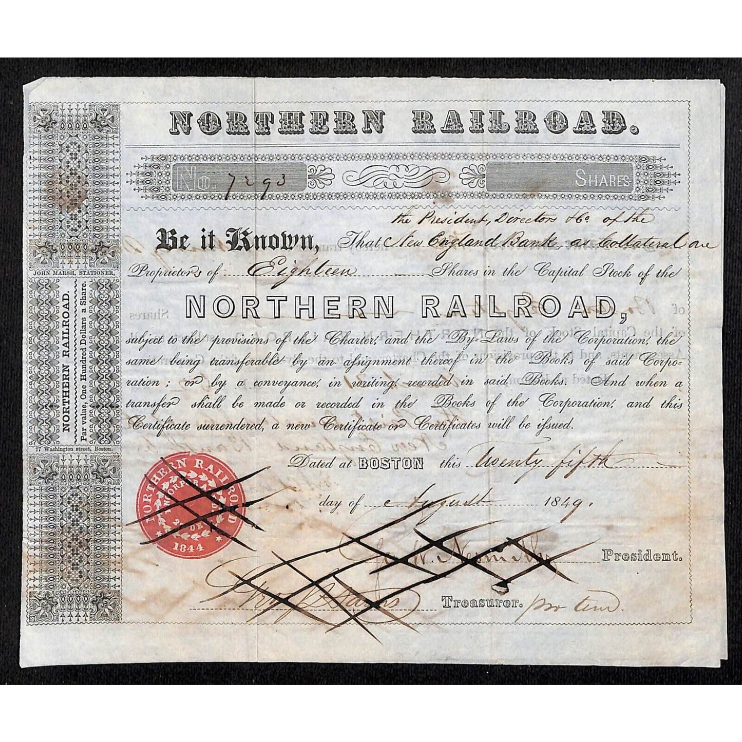 1848 & 1849 Northern R.R. Stock Certificates "New England Bank, as Collateral"
