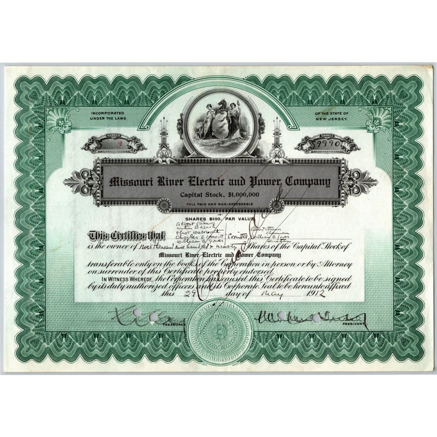 Missouri River Electric and Power 1912 Stock Certificate 9,990 Shares Cert #4