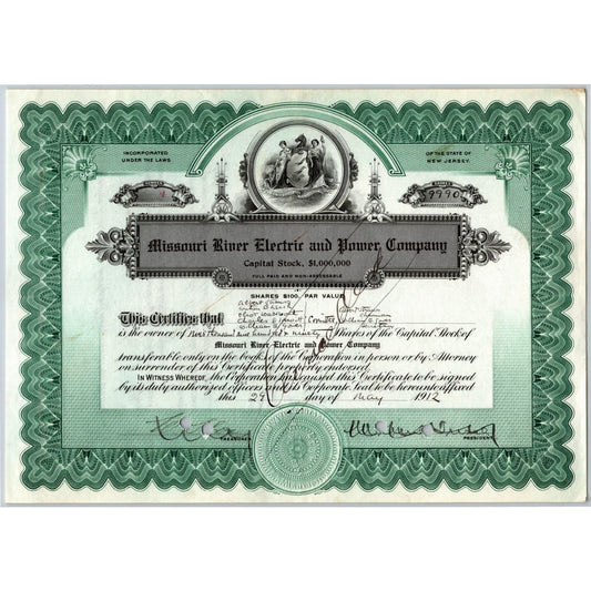 Missouri River Electric and Power 1912 Stock Certificate 9,990 Shares Cert #4