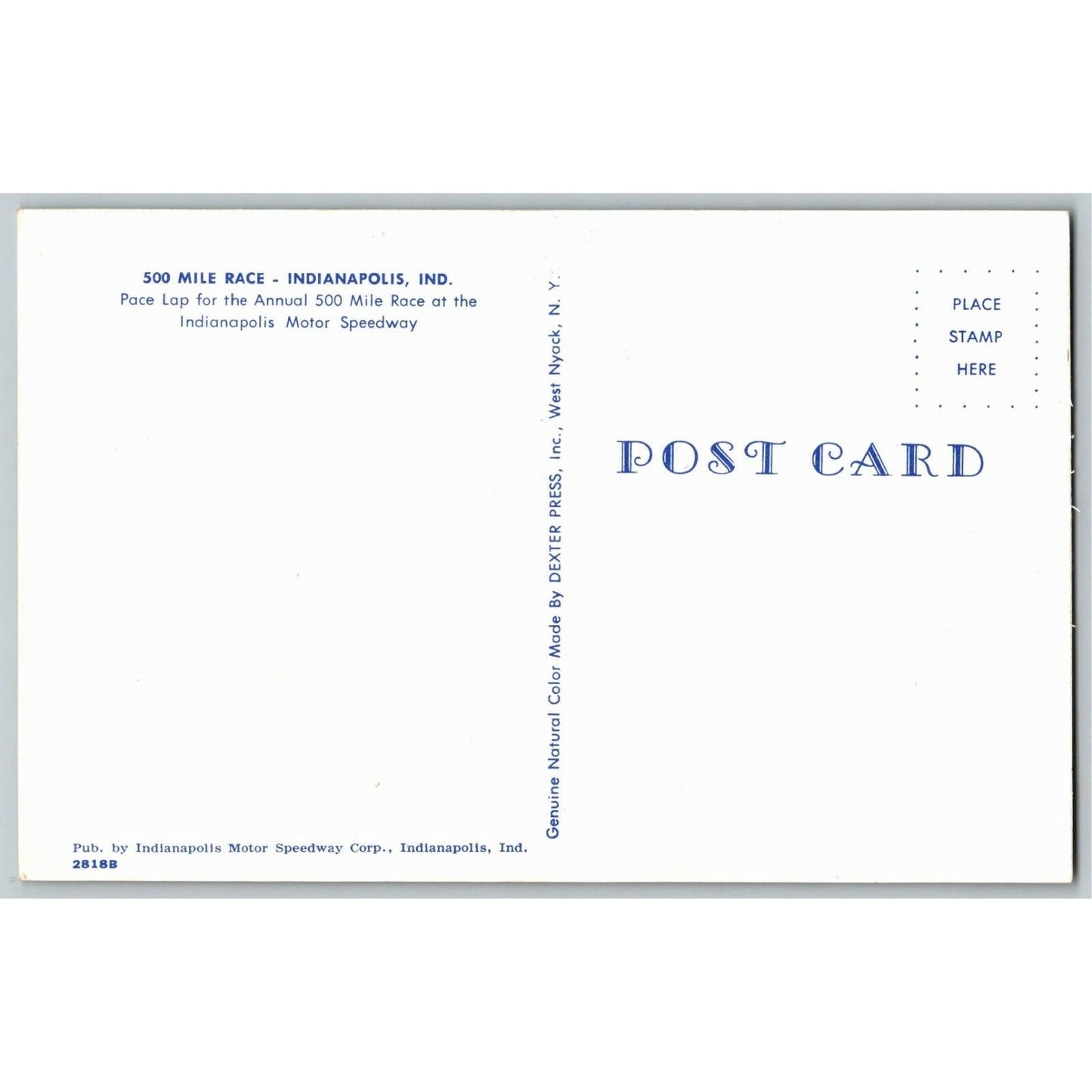 Indy 500 Postcard 1957 "Pace Lap for Annual 500 - Indianapolis Unposted - VGC
