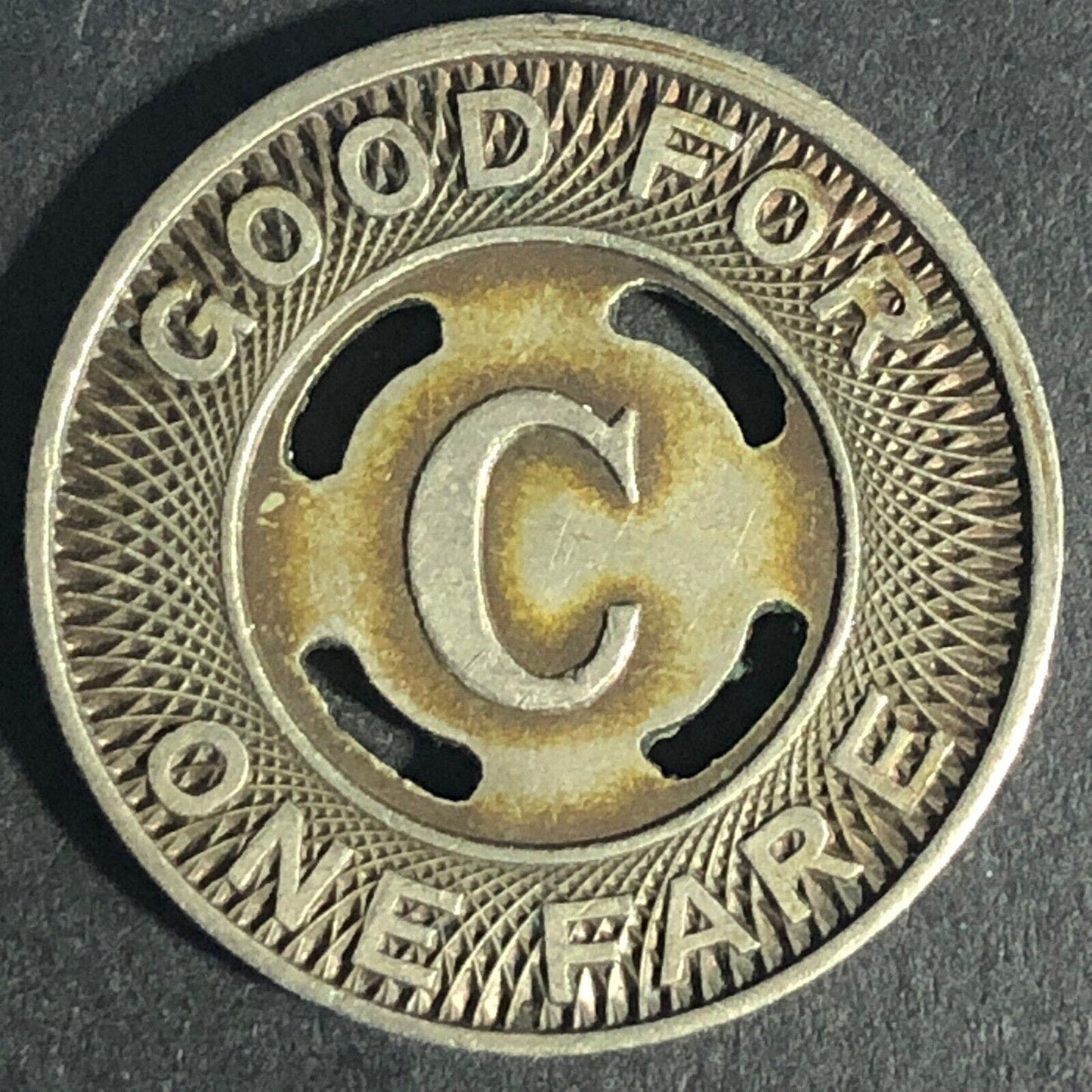 Canton City Lines Inc. "C" G/F One Fare Brass Transit Token - 22.73mm