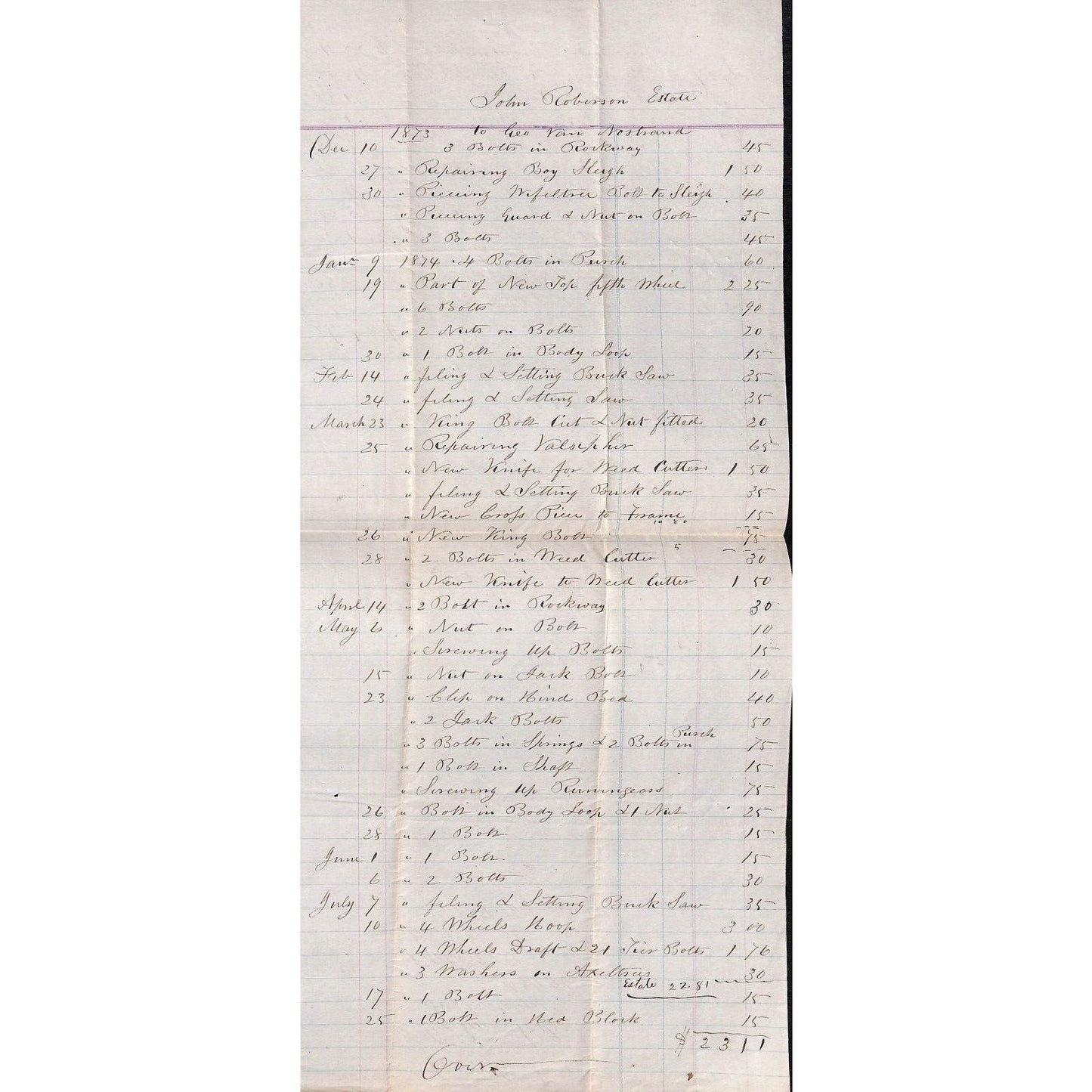 1874 Receipt Repairs, Goods Labor for "George Van Nostrand" Flushing NY Scarce