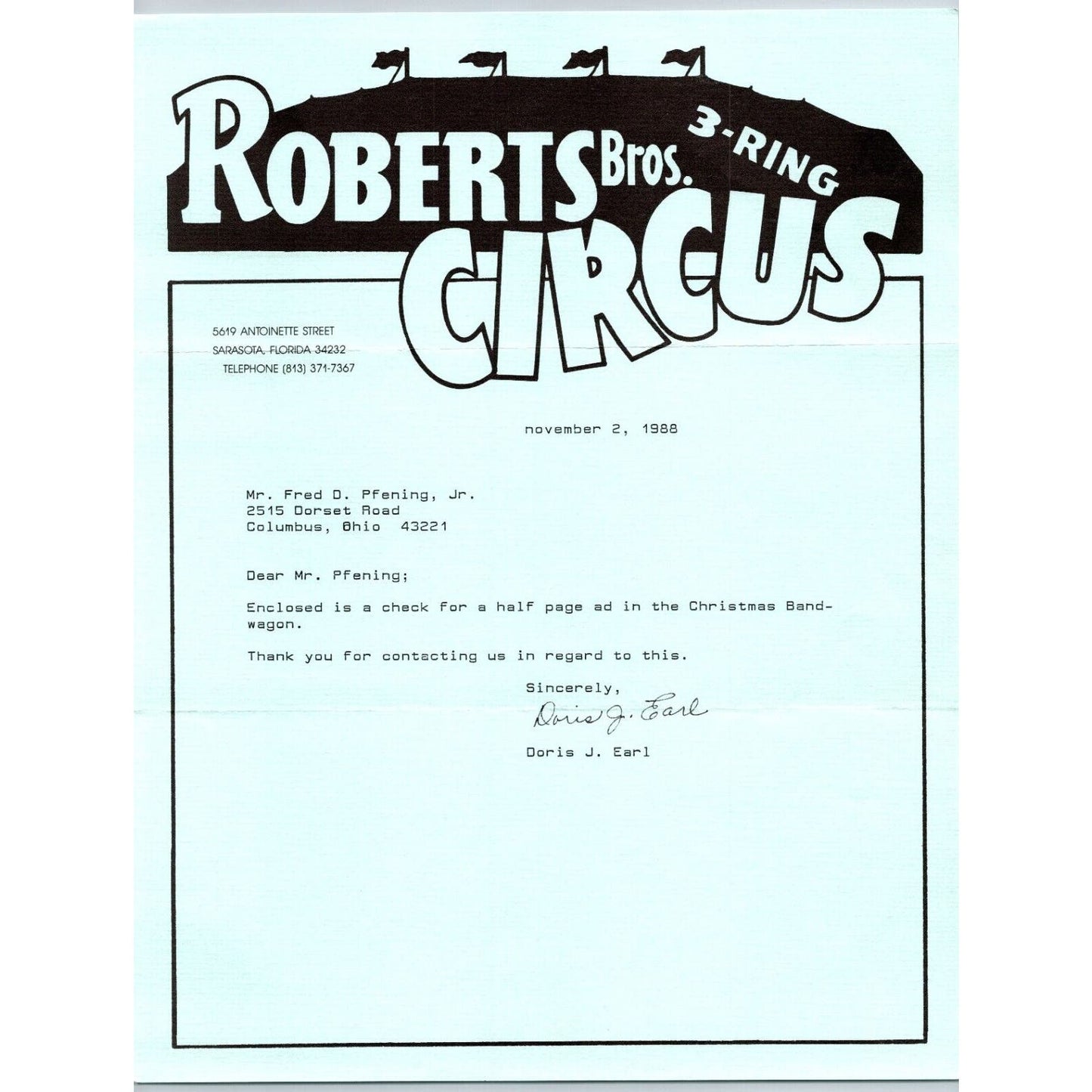 Roberts Bros. 3 Ring Circus Letterhead 1988 Big Top Silhouette