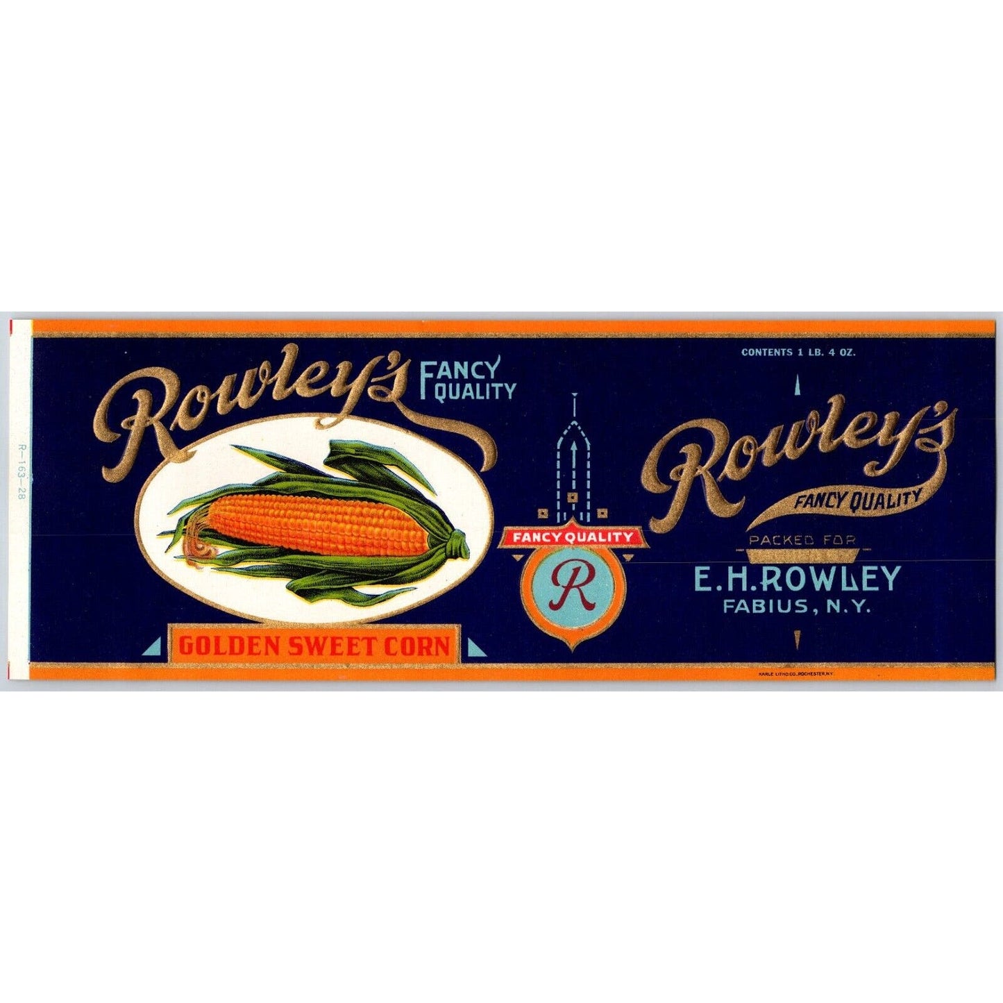Rowley's Golden Sweet Corn Paper Can Label E.H. Rowley Fabius, NY c1928