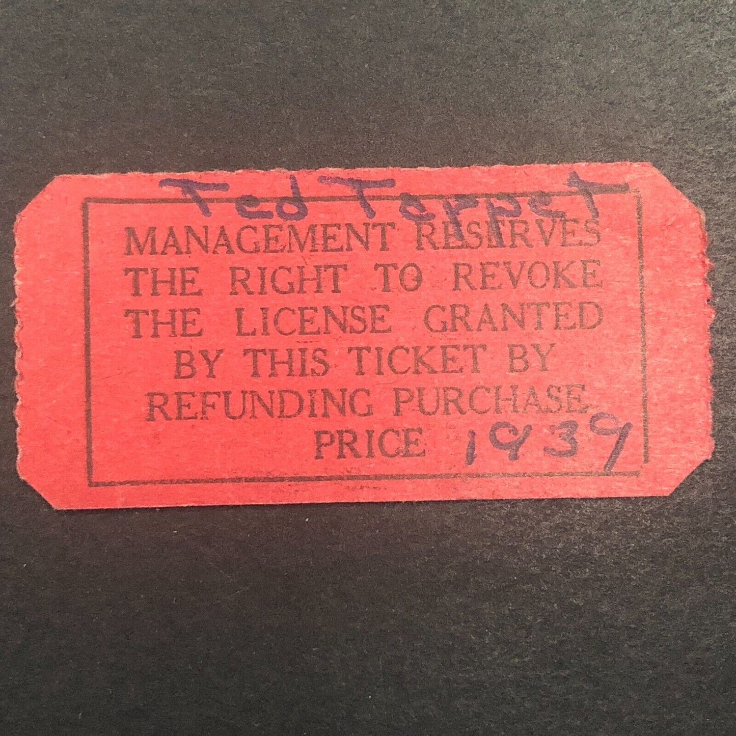 Auto Racing Rain Check Ticket Ted Tappett 1939 National Speedway
