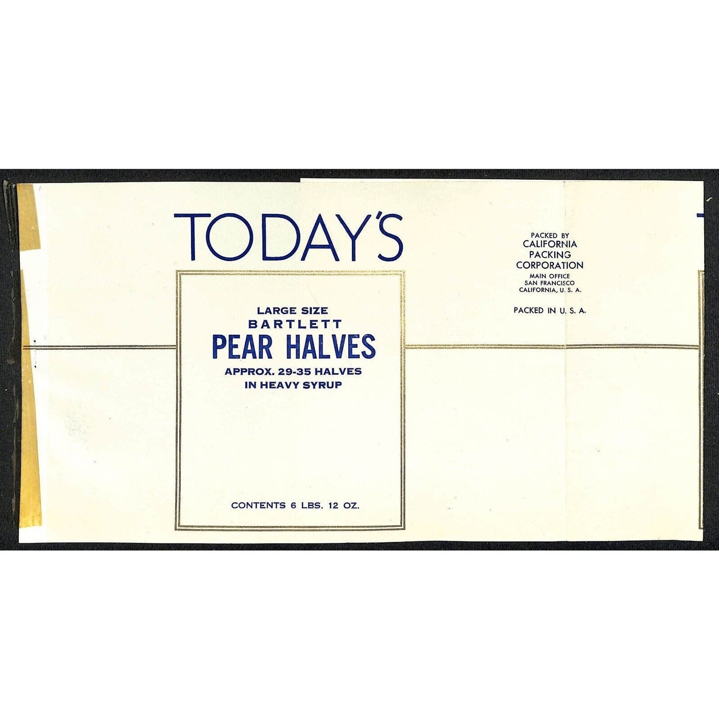 1946 Paper Can Label Today's Bartlett Pear Halves - California Packing w/ Gilt