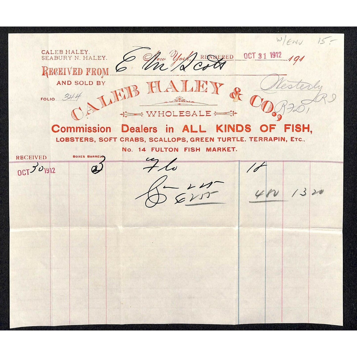 1912 Fulton St. NY, NY Letterhead Caleb Haley & Co. Fish Lobster Green Turtle