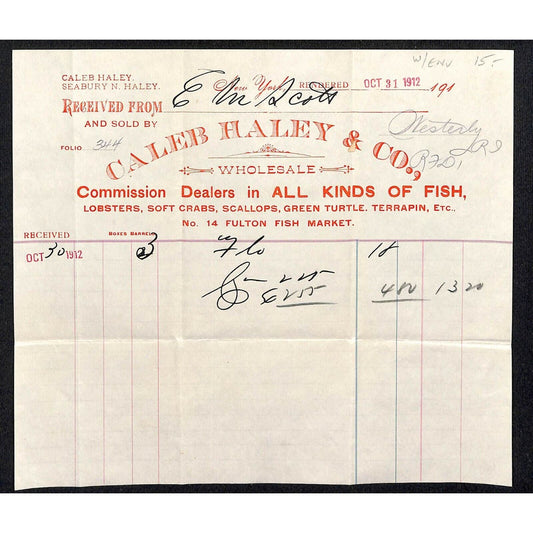 1912 Fulton St. NY, NY Letterhead Caleb Haley & Co. Fish Lobster Green Turtle
