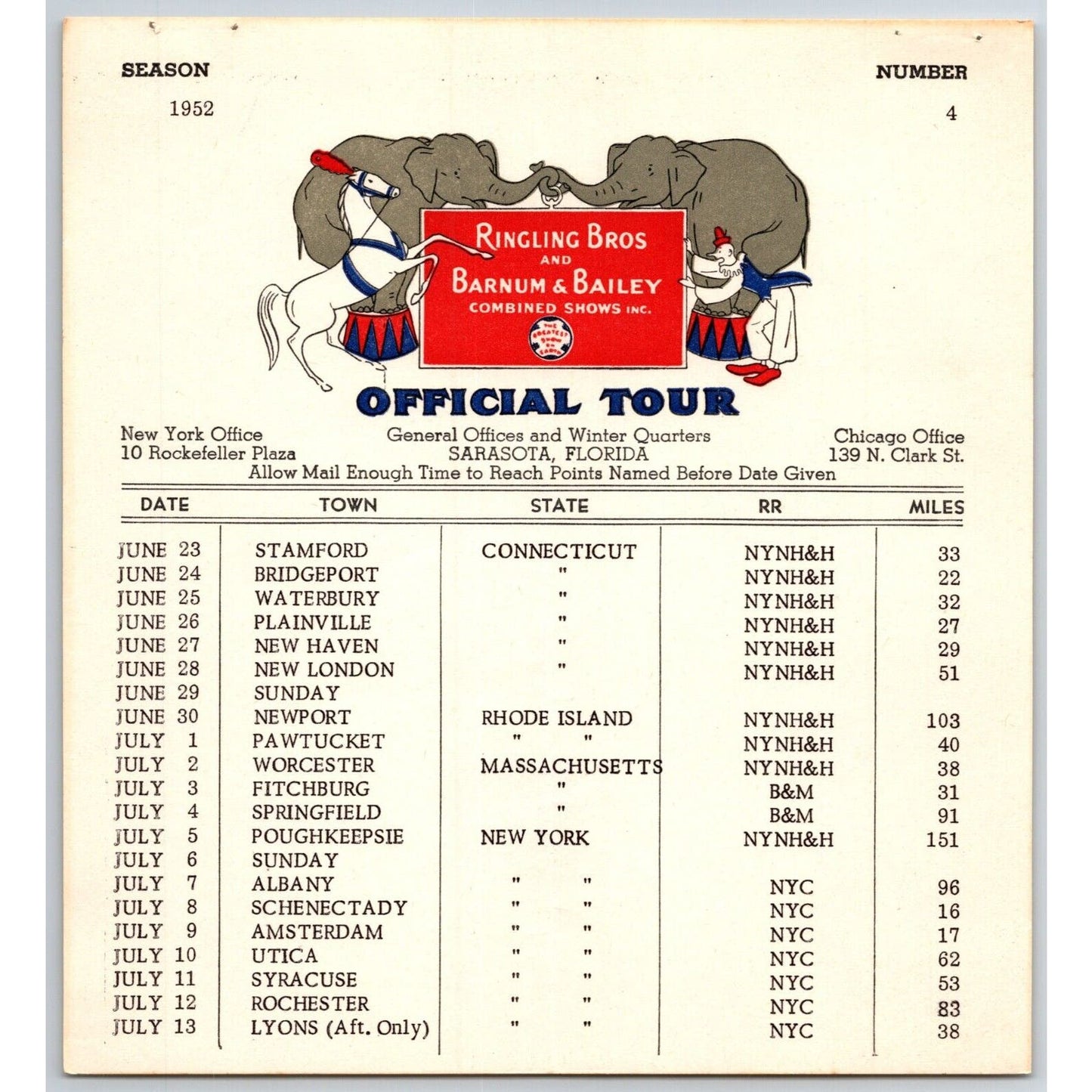 1952 Ringling Bros Barnum Bailey Circus Route Card Stamford Bridgeport New Haven