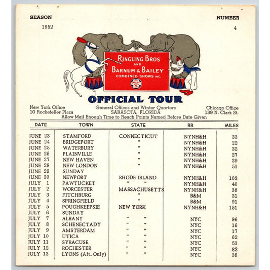 1952 Ringling Bros Barnum Bailey Circus Route Card Stamford Bridgeport New Haven