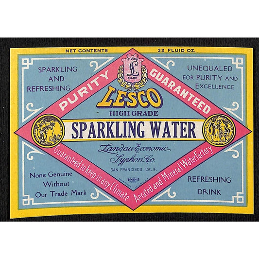 Lesco Beverages Sparkling Soda Water Paper Label Landau c1930's-40's