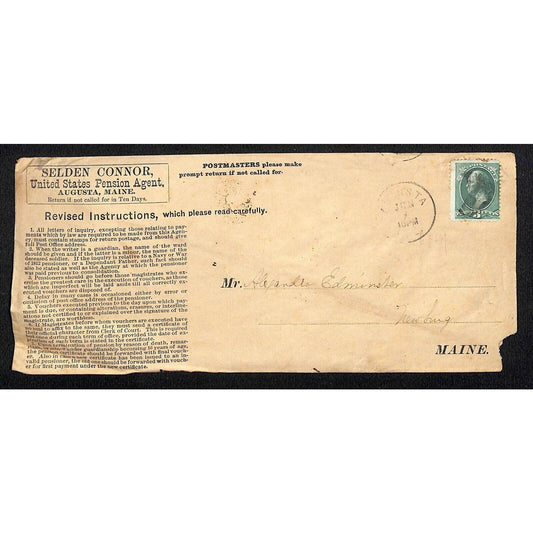 1882 Seldon Connor United States Pension Agent Augusta, ME - Cover Only