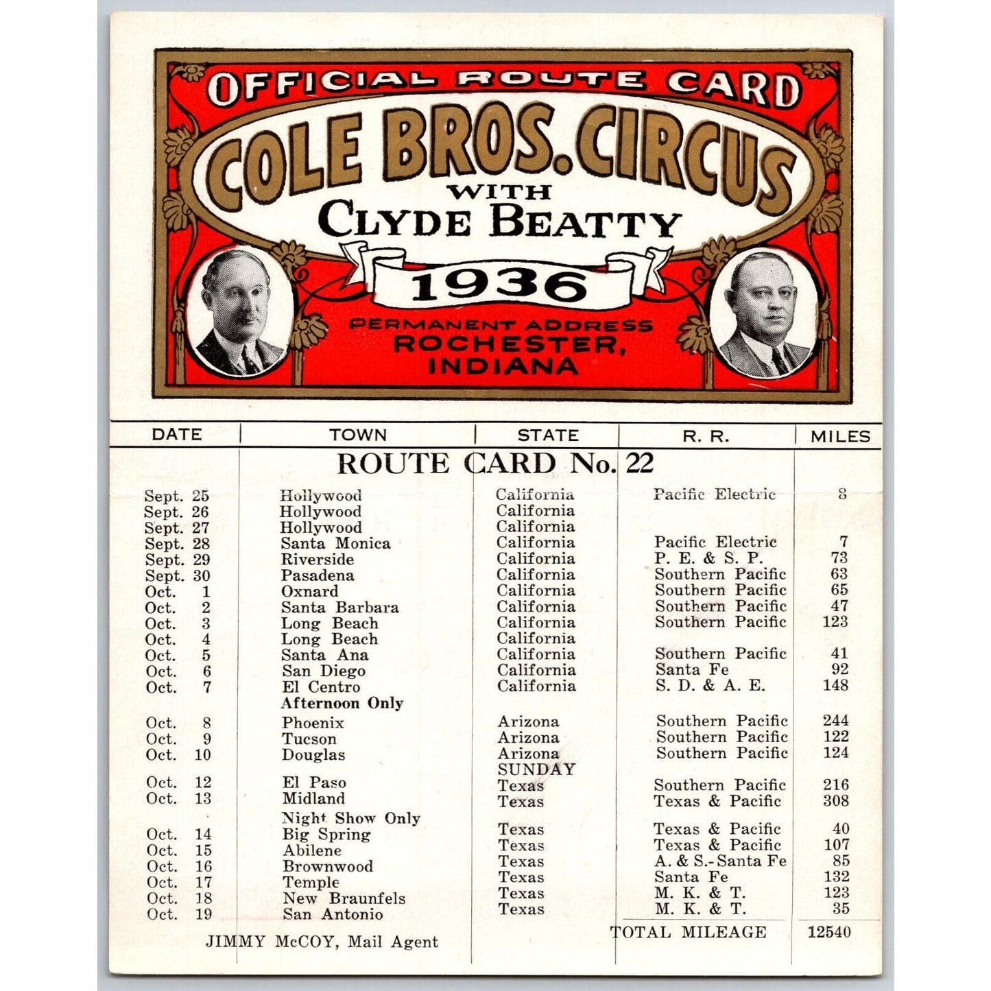 1936 Cole Bros with Clyde Beatty Circus Route Card CA AZ TX