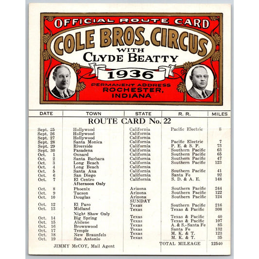 1936 Cole Bros with Clyde Beatty Circus Route Card CA AZ TX