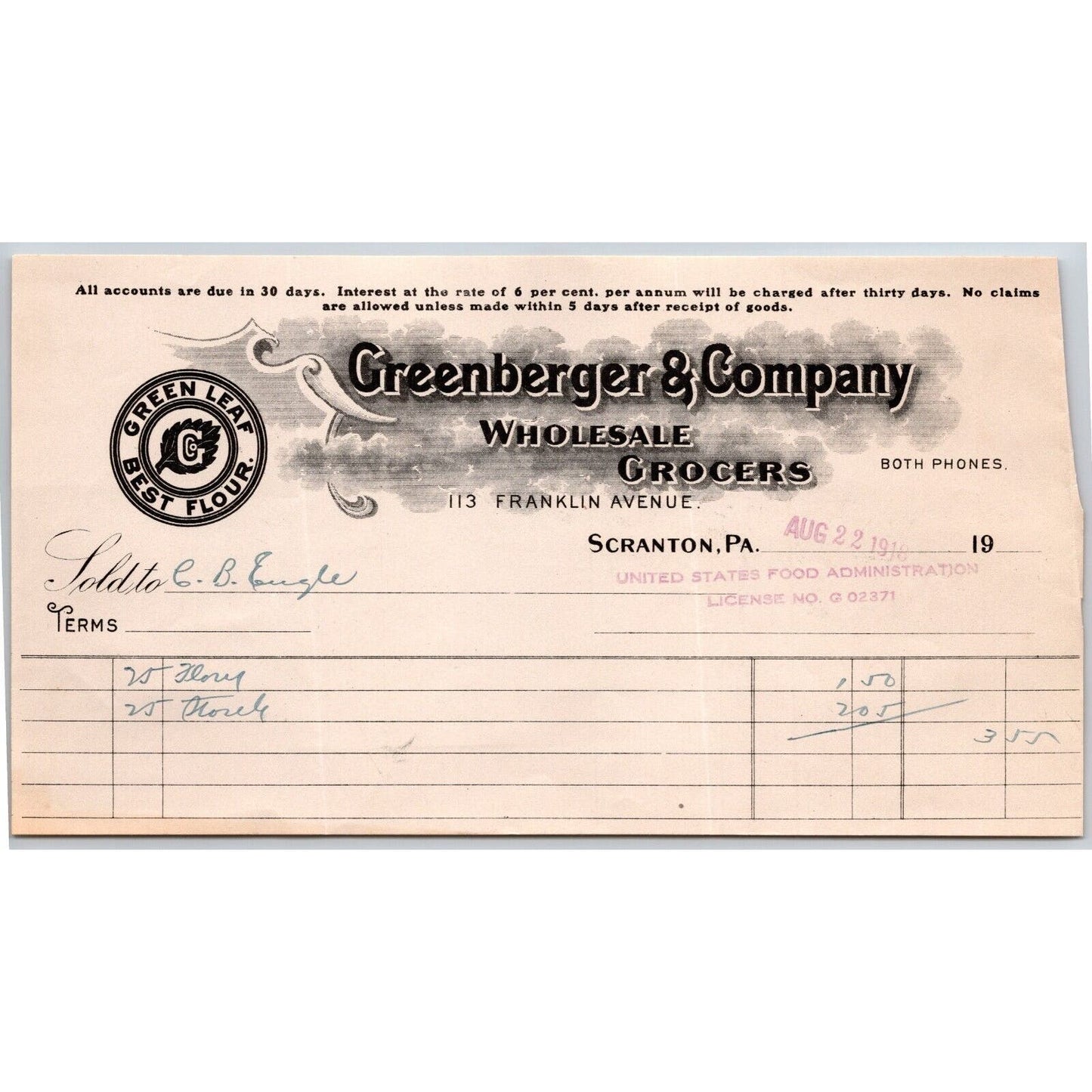 Scranton, PA Greenberger & Co. Grocers 1918 "C.B. Engel" Billhead Flour