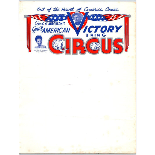 Bud E. Anderson's Great American 3 Ring Circus Letterhead c1943 Victory Scarce