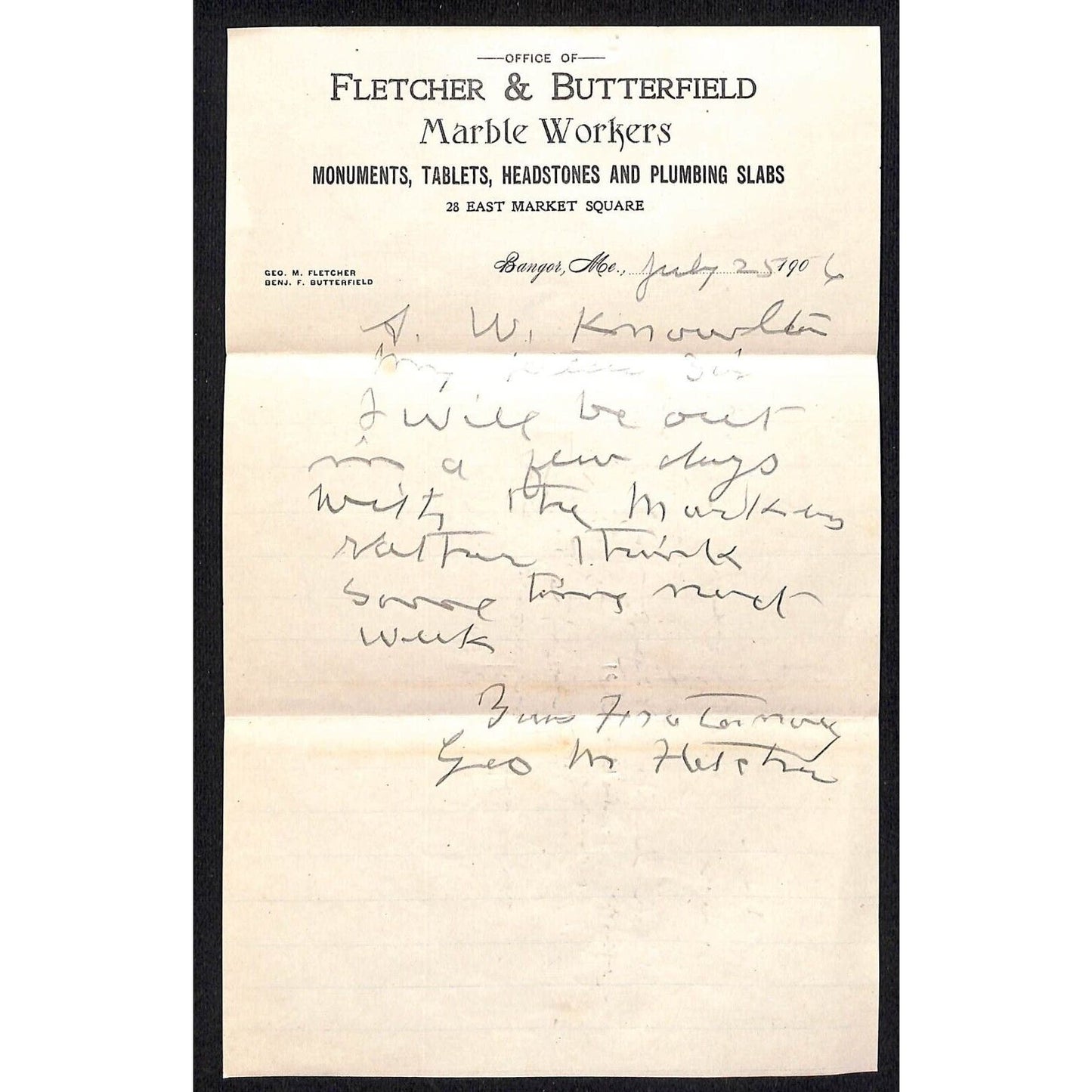 Newburgh, ME Amos W. Knowlton* 1906 Bangor Fletcher Butterfield Marble Billhead