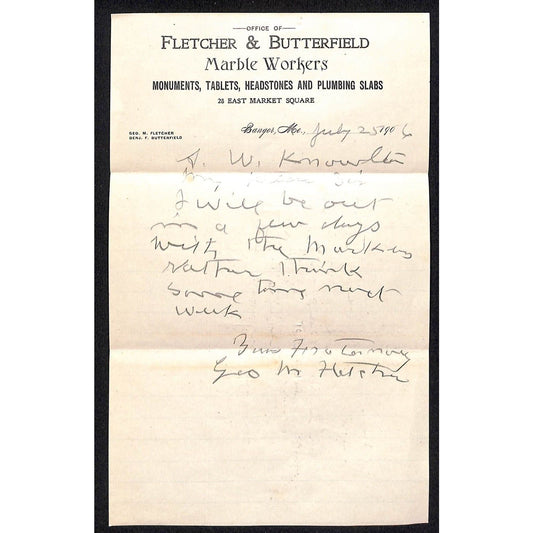 Newburgh, ME Amos W. Knowlton* 1906 Bangor Fletcher Butterfield Marble Billhead