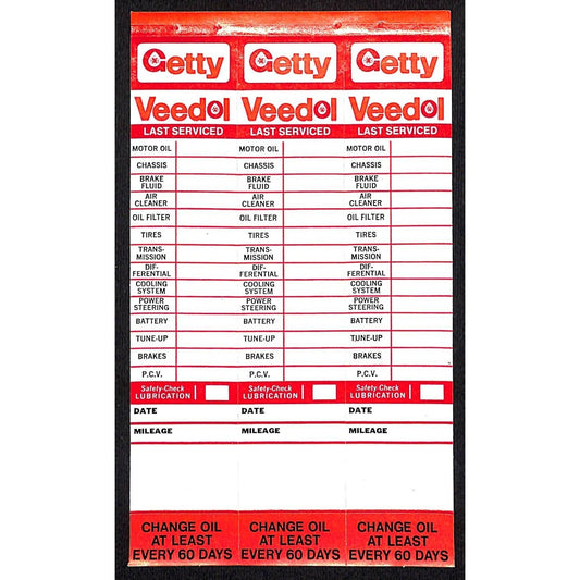 Getty Veedol Service / Oil Change Door Jam Auto Sticker Sheet of 3 c1970 (#2)