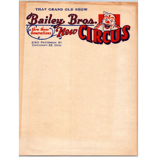 Bailey Bros. New Circus Letterhead c1949 "Thru Three Generations" Scarce