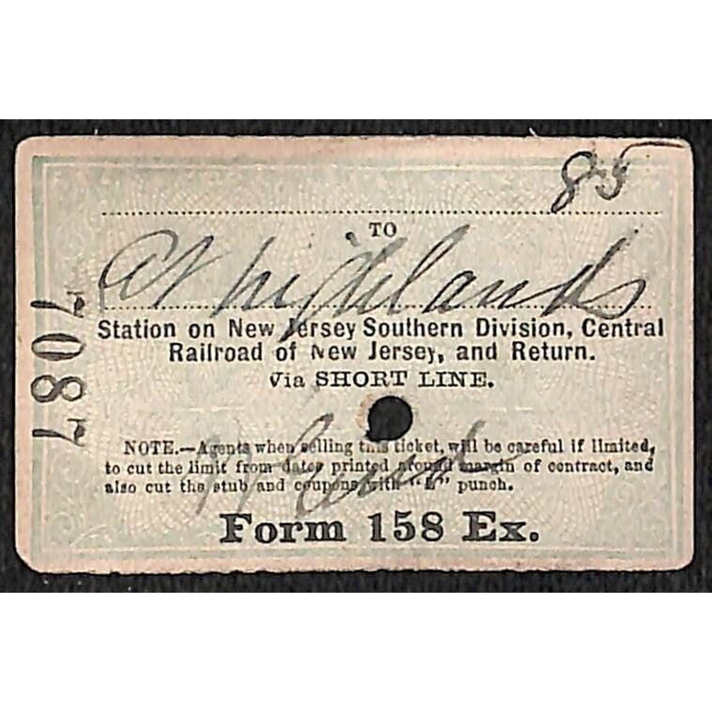 New York & Long Branch Railroad 1896 Ticket North Asbury Park AC Highlands 7087