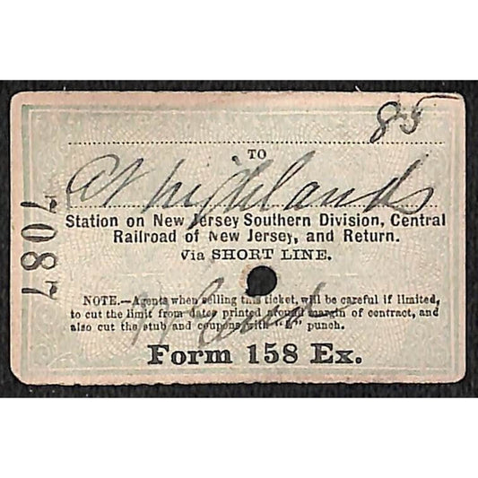 New York & Long Branch Railroad 1896 Ticket North Asbury Park AC Highlands 7087