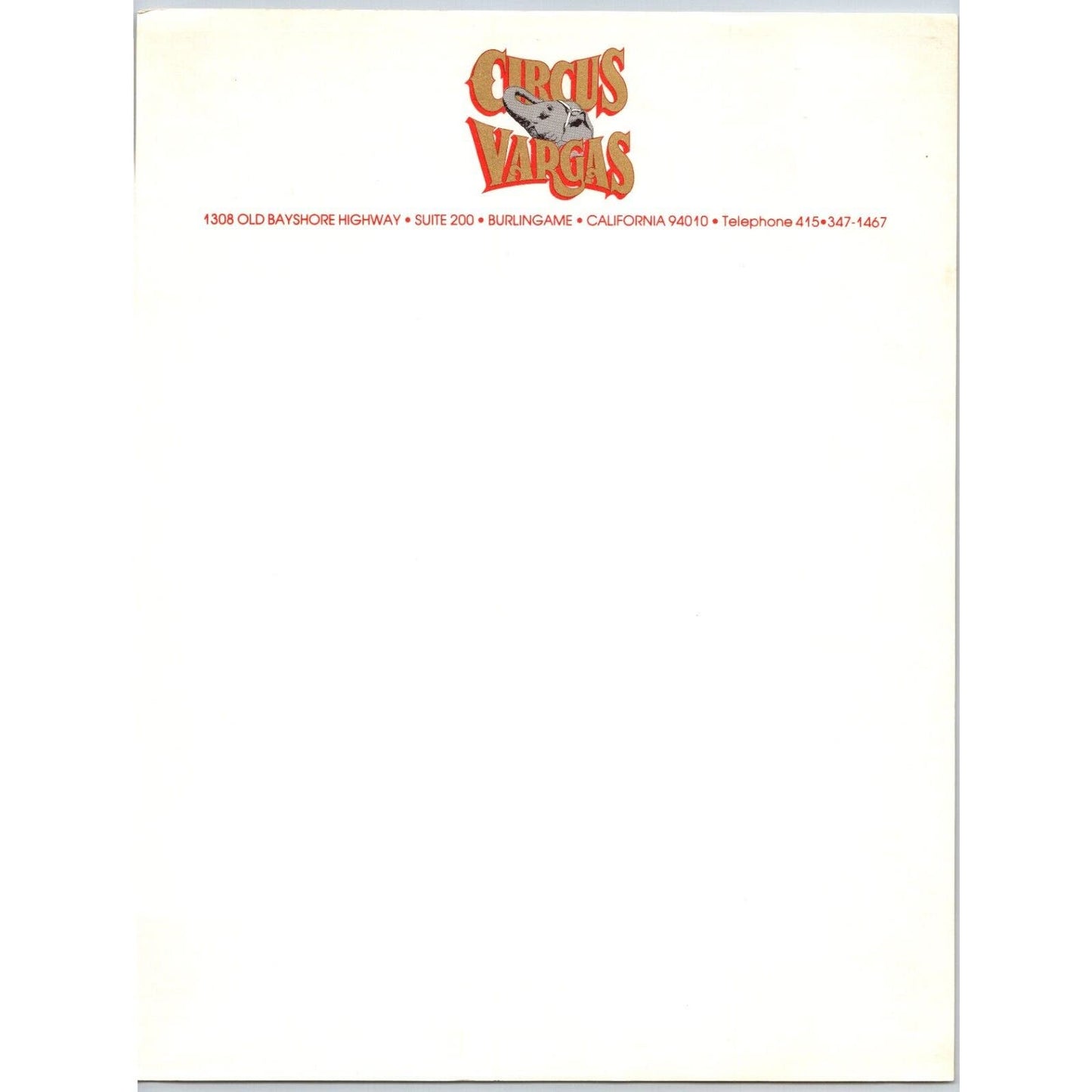Circus Vargas Letterhead c1986 Burlingame, CA Scarce